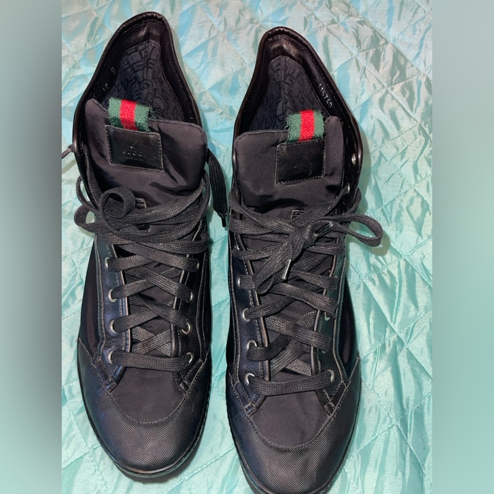 Gucci Men's High Top Sneakers Black Nylon Leather Size 11 US (10G) COA Auth